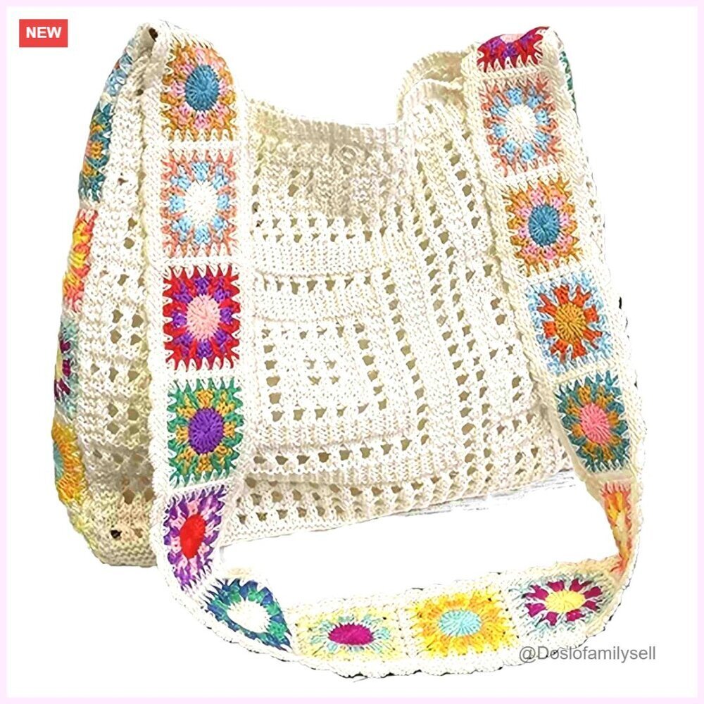 Crochet Tote Bag with Floral Embroidery, Bohemian Beach Bag